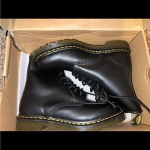 Dr. Martens Black Leather Boots with Yellow Stitching